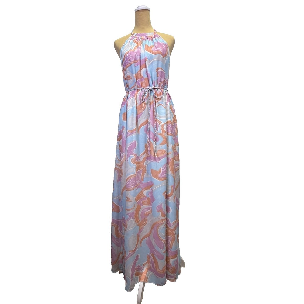 AAKAA Your New Muse Halter Maxi Dress Size S Pink Blue Abstract Resort NWT - Picture 2 of 10